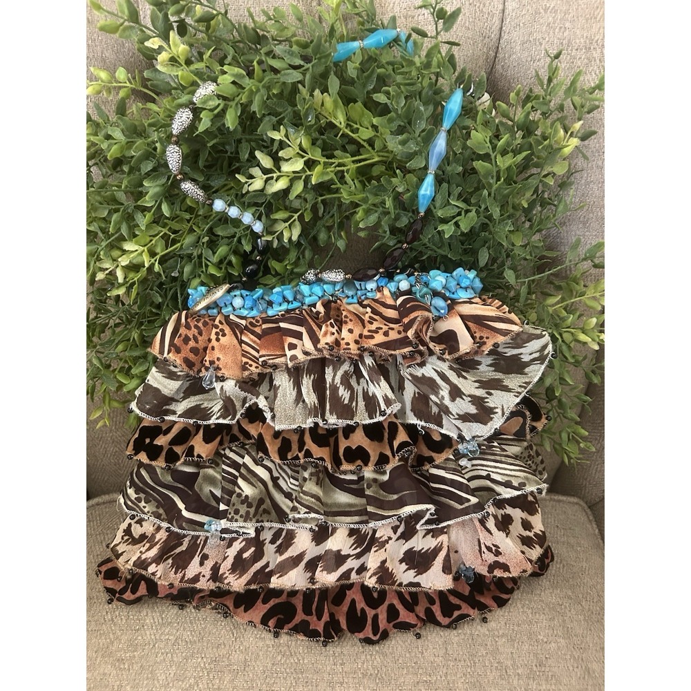 Mary Frances Shoulder Bag Animal Print Ruffles Turquoise Accents